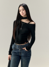 할로우 스트랩 홀터 티셔츠